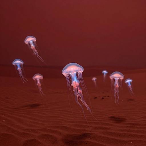 Jellyfish with Light-Bulb Eyes in Rust-Red Desert