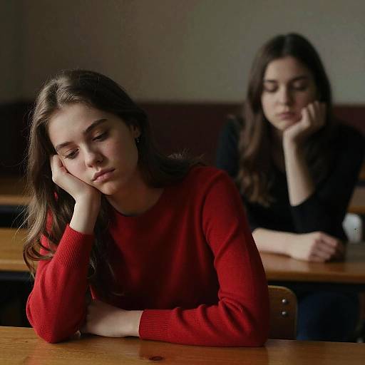 Photograph of two young women in a classroom; foreground woman with long brown hair, red sweater, resting head on hand, looking sad; background woman