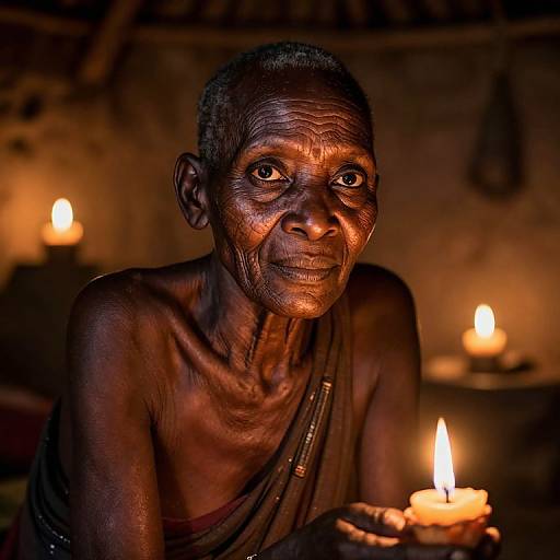 Photograph of an elderly, dark-skinned man with deep wrinkles, holding a lit candle, illuminated by warm candlelight in a dim, rustic room