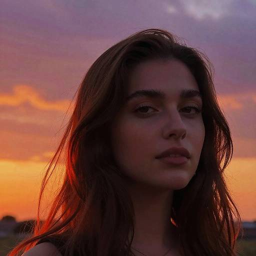 Photograph of a young woman with long brown hair, silhouetted against a vibrant sunset sky of orange, pink, and purple hues.