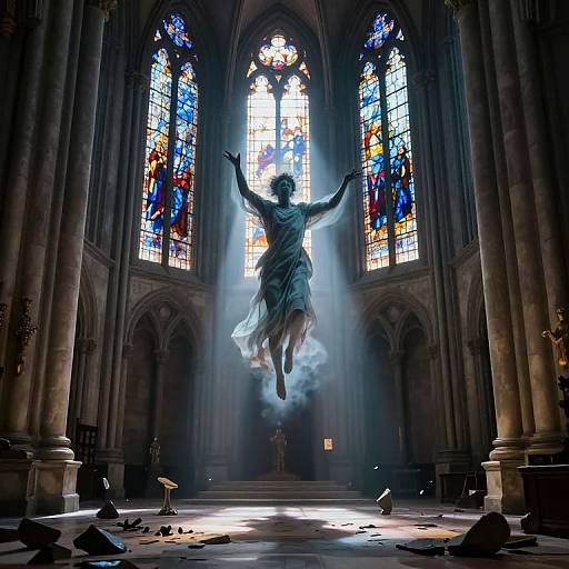 Digital artwork: Silhouetted figure with arms raised, suspended mid-air in a grand, gothic cathedral with colorful stained glass windows, surrounded by