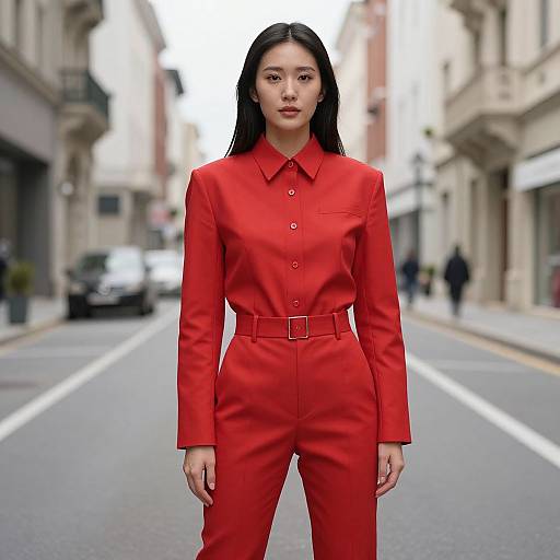 Photograph of an East Asian woman with long black hair, wearing a vivid red, long-sleeve, button-up suit, standing confidently in an