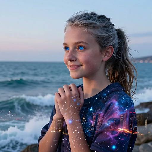Photograph of a smiling young blonde girl with blue eyes, wearing a dark shirt with galaxy patterns, standing by a rocky ocean shore at sunset.