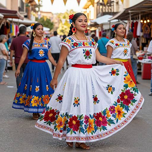 Photograph of two Latina women in vibrant traditional Mexican dresses with colorful floral embroidery, dancing in a bustling street market.