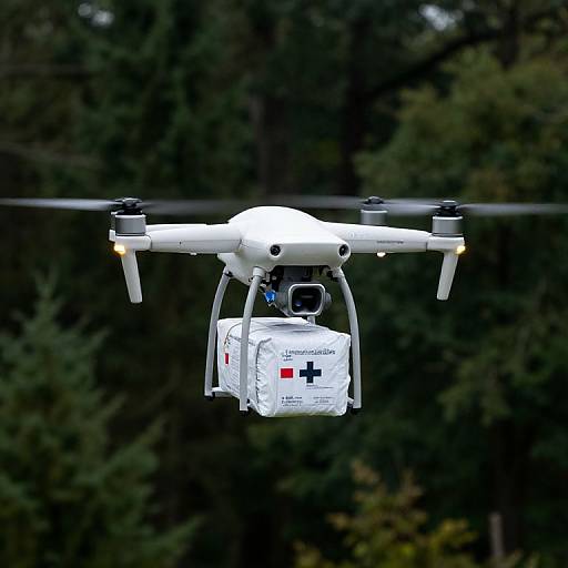 Photograph of a white drone with a medical cargo box, featuring a red cross, flying against a dark forest background.