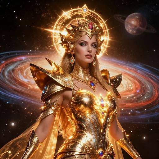 Digital art of a blonde queen in golden, ornate armor with a glowing halo, set against a cosmic background with colorful galaxies. She wears a jew
