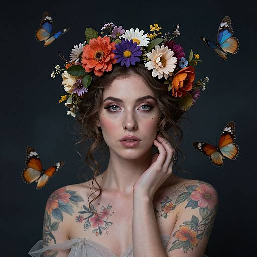 Photograph of a tattooed woman with curly brown hair, wearing a colorful flower crown, surrounded by floating butterflies, against a dark background. She gaz