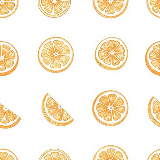 Seamless pattern of orange slices with detailed segments on a white background, each slice evenly spaced and oriented differently.
