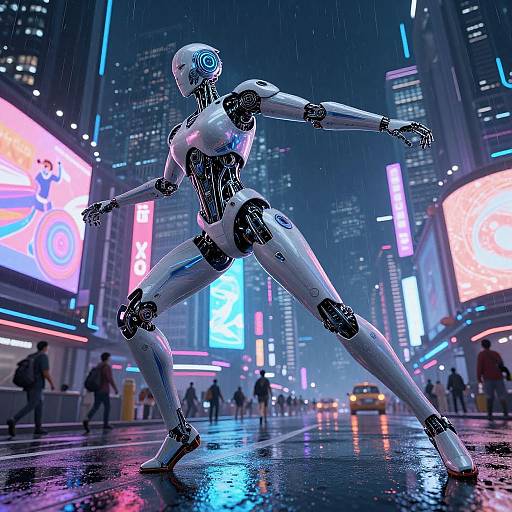 CGI image of a dancing humanoid robot in a neon-lit, rainy city street, surrounded by glowing billboards and pedestrians.
