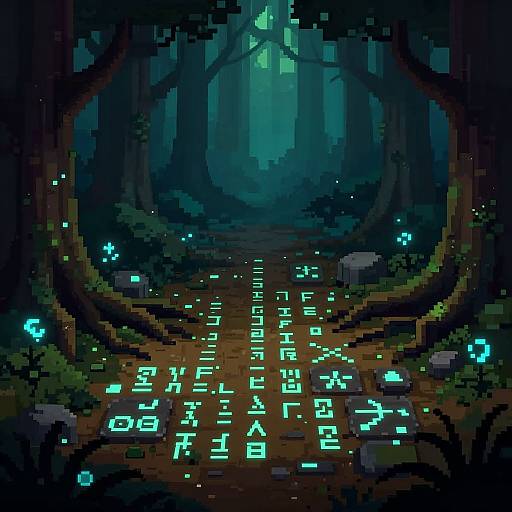 Pixel art forest scene with glowing, neon-blue binary code illuminated pathway, surrounded by dark, towering trees and bioluminescent flora.