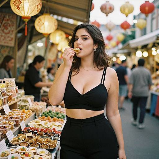 Photograph of a young woman with long dark hair, wearing a black bralette and high-waisted pants, eating a cookie at a busy,