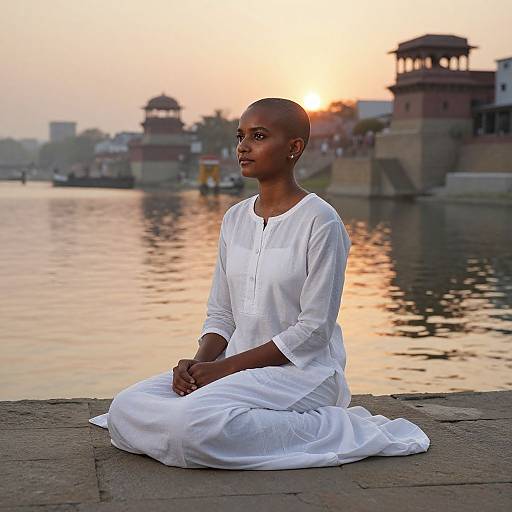 Photograph of a bald, dark-skinned woman in white traditional attire, sitting meditatively by a river at sunset, with historic buildings and reflected