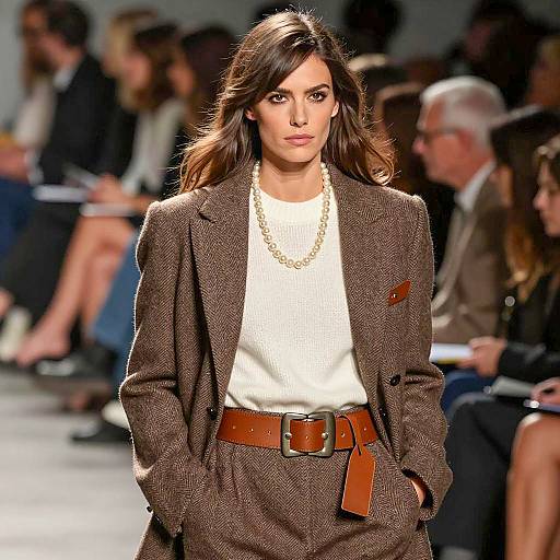 Fashion Model in Brown Herringbone Blazer on Runway