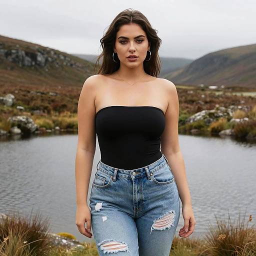 Photograph of a brunette woman with long hair, wearing a black strapless top and distressed blue jeans, standing by a mountain lake.