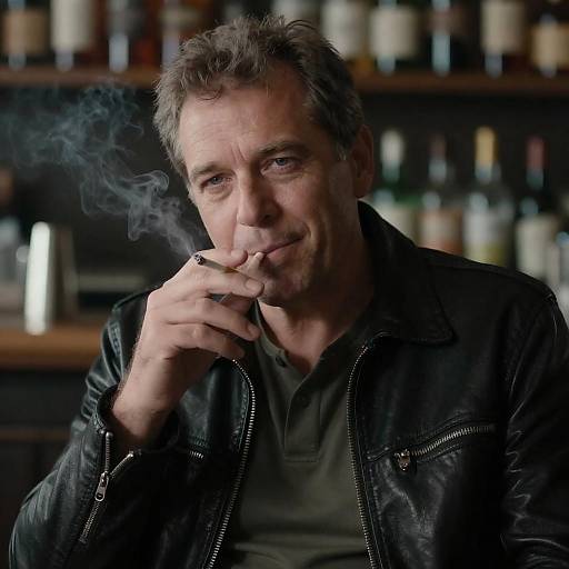 Amused Man in Leather Jacket, Smoking