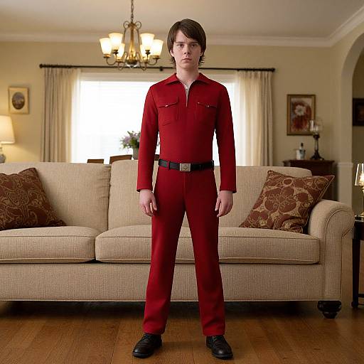 Photograph of a young man with medium-length brown hair, wearing a red jumpsuit, standing in a living room with beige couch, wooden floor,