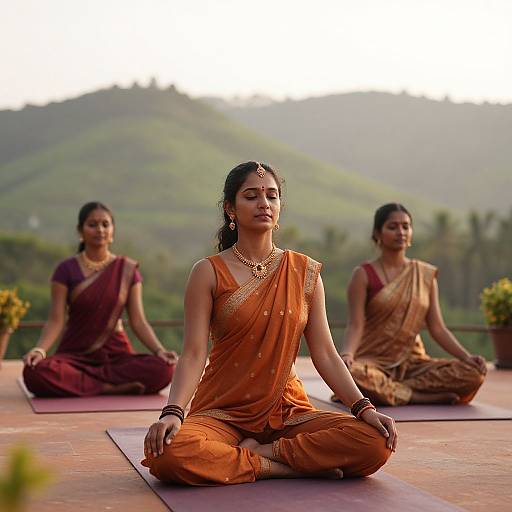 Photograph of three Indian women in traditional sarees, meditating in a mountainous, outdoor setting, with yellow and orange sarees, and serene