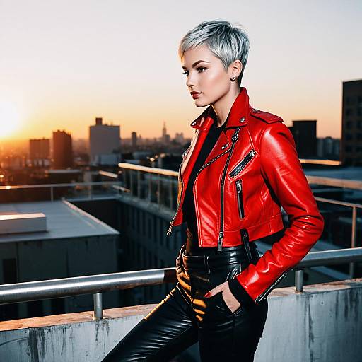 Woman with Silver Pixie Cut in Red Leather Jacket on Urban Rooftop