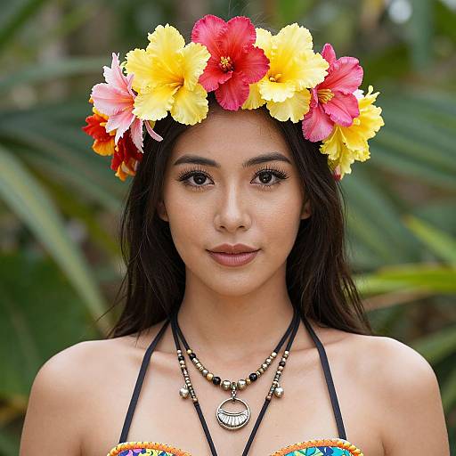 Photograph of a young woman with fair skin, dark hair, and brown eyes, wearing a vibrant flower crown with red and yellow blooms, black hal