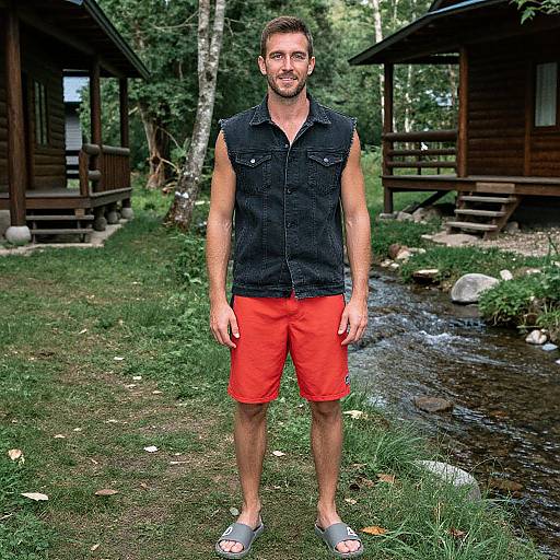 Photograph of a bearded man in a black sleeveless shirt and red shorts, standing in a forest clearing with a small stream and wooden cabins.