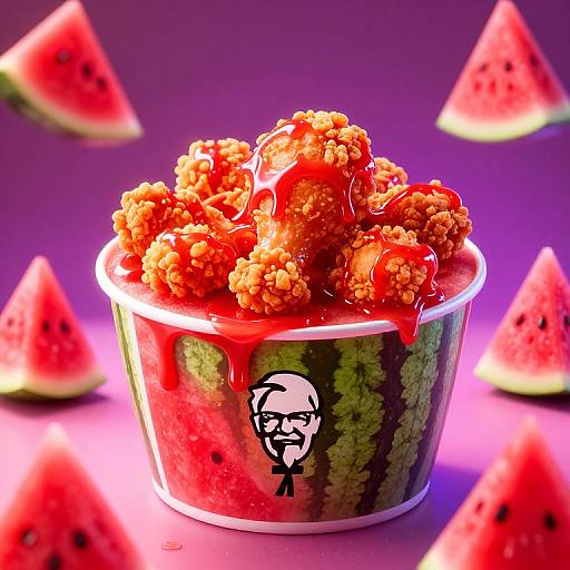 Photorealistic CGI of a cup filled with juicy, red-glazed fried nuggets, watermelon slices in background, purple gradient, and a black