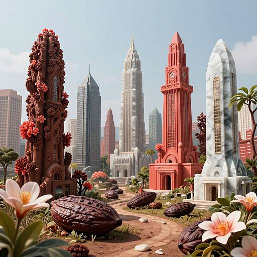 Digital artwork of a surreal cityscape with towering, colorful skyscrapers in red, white, and gray, surrounded by giant, textured seeds and vibrant