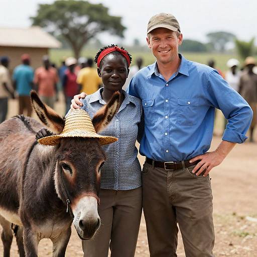 Smiling Couple with Donkey in Rural Setting