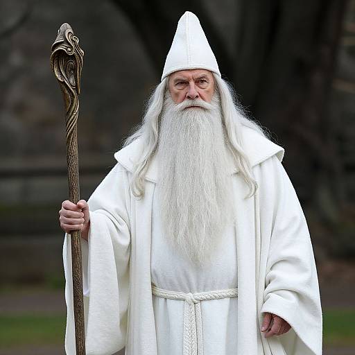 White Wizard Costume with Staff