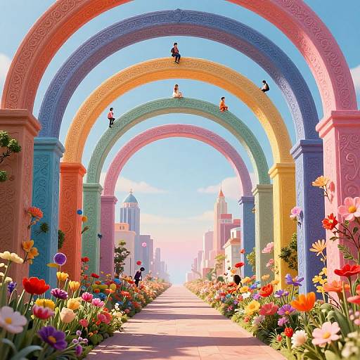 Digital illustration of a colorful, archway-lined garden path with vibrant flowers, people walking, and a sunny, blue sky backdrop.