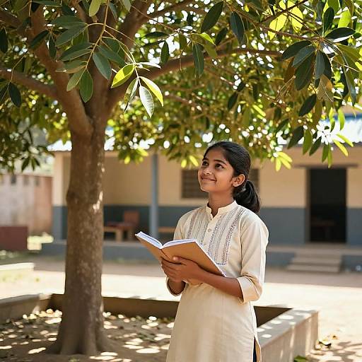 Indian Girl Studying Under Neem Tree