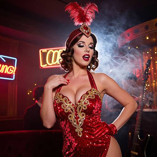 Photograph of a curvy woman with fair skin, wearing a red sequined burlesque costume with gold embroidery, feathered headpiece, and