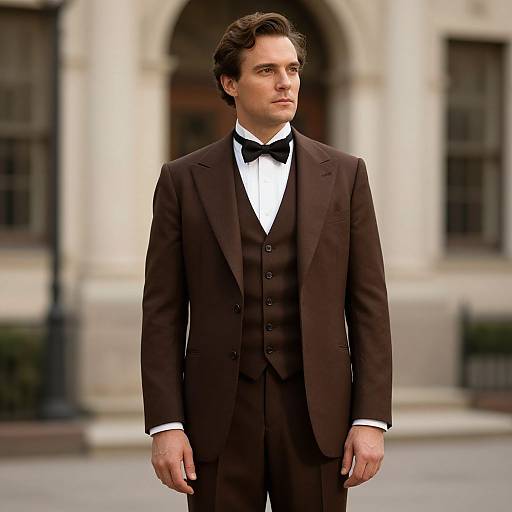 Photograph of a handsome white man with dark brown hair, wearing a formal black three-piece suit, white shirt, and black bow tie, standing in
