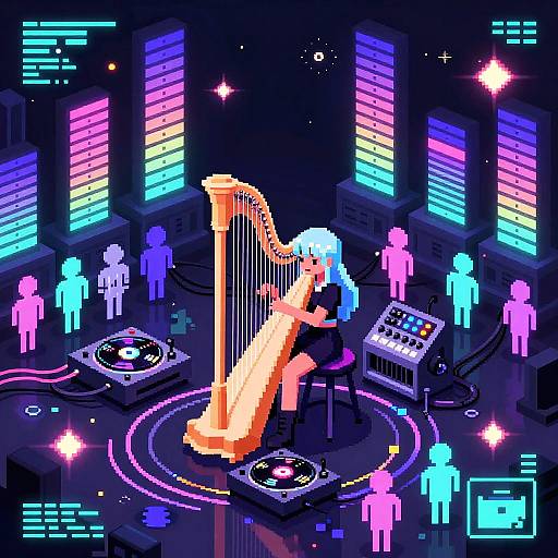 Pixel Synthwave Harpist in Neon Cathedral