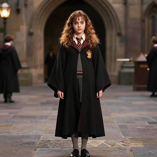 Photograph of a young woman with curly brown hair, wearing a Hogwarts-style black cloak and maroon tie, standing on a stone pathway in front of