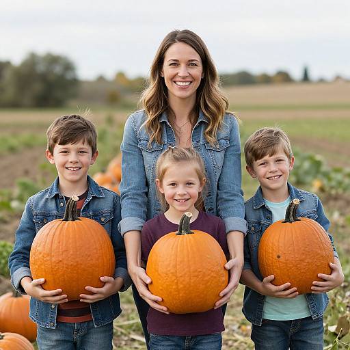 Smiling Woman and Children with Pumpkins