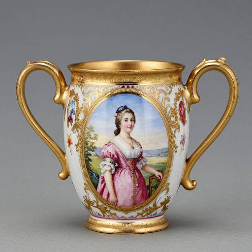 Ornate porcelain mug with gold handles, featuring a detailed painting of a 18th-century woman in a pink dress, set against a landscape background