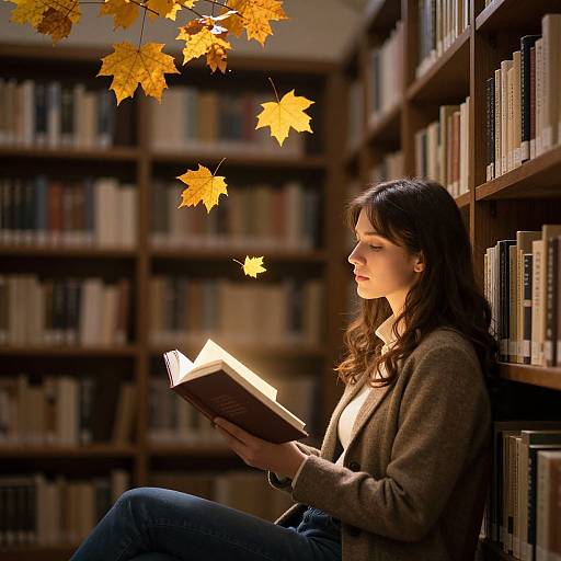 Photograph of a woman with long brown hair, wearing a brown cardigan and blue jeans, reading a book in a library with autumn leaves floating in