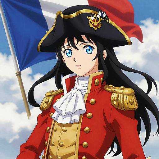 Anime-style drawing of a blue-eyed, black-haired female pirate with a red coat, gold epaulettes, white ruff, and tricorn