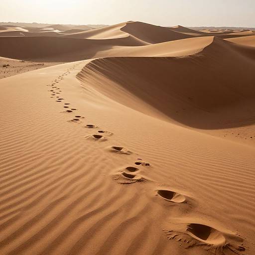 Photograph of sunlit, rippled sand dunes with a single trail of footprints winding through the golden, textured desert landscape.