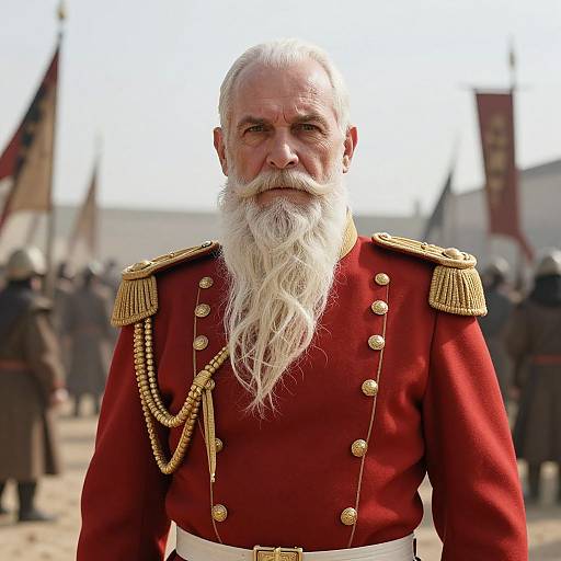 Photograph of an elderly white man with a long white beard, wearing a red military uniform with gold epaulettes and gold chains, standing in