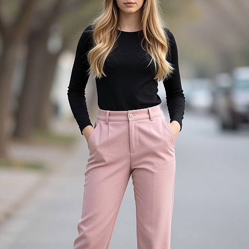 Photograph of a blonde woman in a black long-sleeve top and light pink high-waisted pants, standing on a blurred urban street.