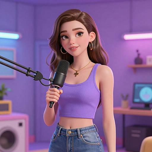 Digital CGI of a young woman with long brown hair, wearing a purple crop top and blue jeans, holding a microphone in a purple-lit recording studio
