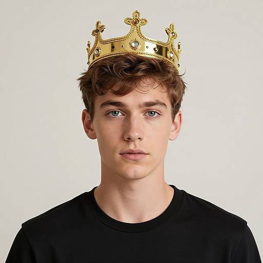 Photograph of a young man with fair skin, blue eyes, and brown hair, wearing a golden crown and black shirt, against a plain white background