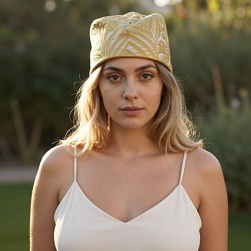Photograph of a young woman with light brown hair, wearing a gold woven hat and a white spaghetti-strap top, standing outdoors with a blurred green