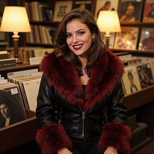 Photograph of a smiling woman with dark brown hair, wearing a black leather coat with deep red fur trim, standing in a warmly lit bookstore with shelves