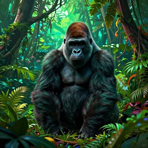 Photorealistic digital artwork of a large, muscular gorilla with dark fur and a reddish-brown head, sitting in a dense, vibrant jungle