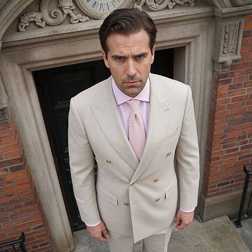 Photograph of a serious-looking man with dark brown hair in a light beige double-breasted suit, pink tie, standing in front of an ornate