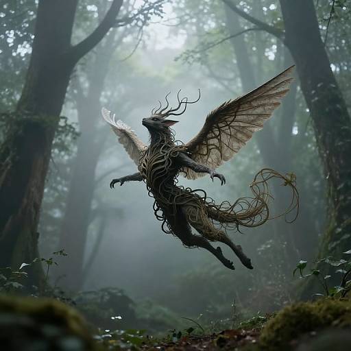 Digital fantasy artwork of a mystical winged creature with intricate, vine-like features, soaring in a misty, enchanted forest.