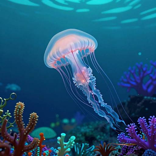 Photograph of a glowing, translucent jellyfish with delicate, flowing tentacles, floating above a colorful coral reef in a deep blue underwater scene.
