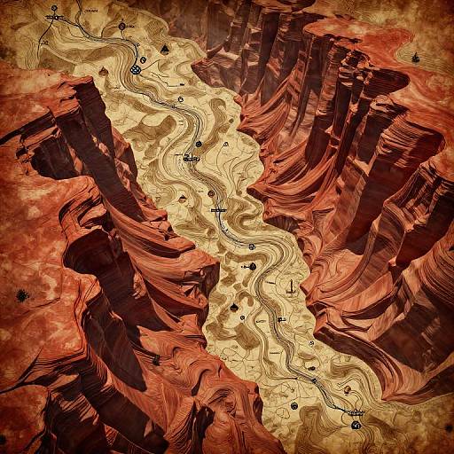 Abstract digital art of a winding yellow river through red, jagged rock formations, with black dots along the path.